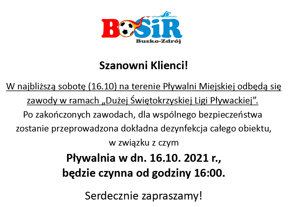 Zawody Dużej Świętokrzyskiej Ligi Pływackiej – zmiana godzin otwarcia Pływalni Miejskiej