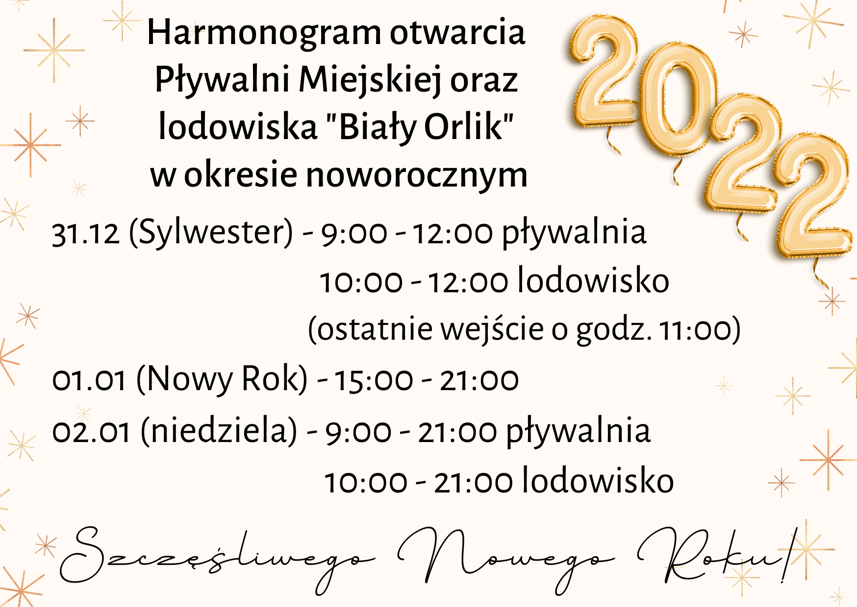 Harmonogram otwarcia Pływalni Miejskiej oraz lodowiska „Biały Orlik” w okresie noworocznym